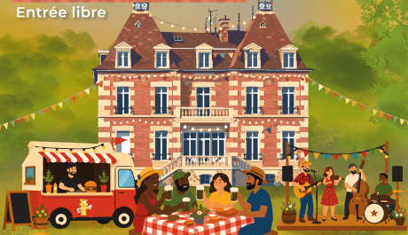 Affiche de la mairie de Survilliers décorée de guirlandes lumineuses dans une ambiance guinguette, avec des animations, un food truck et des visiteurs réunis pour une soirée festive.