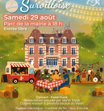 Affiche de la mairie de Survilliers décorée de guirlandes lumineuses dans une ambiance guinguette, avec des animations, un food truck et des visiteurs réunis pour une soirée festive.
