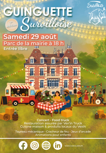 Affiche de la mairie de Survilliers décorée de guirlandes lumineuses dans une ambiance guinguette, avec des animations, un food truck et des visiteurs réunis pour une soirée festive.