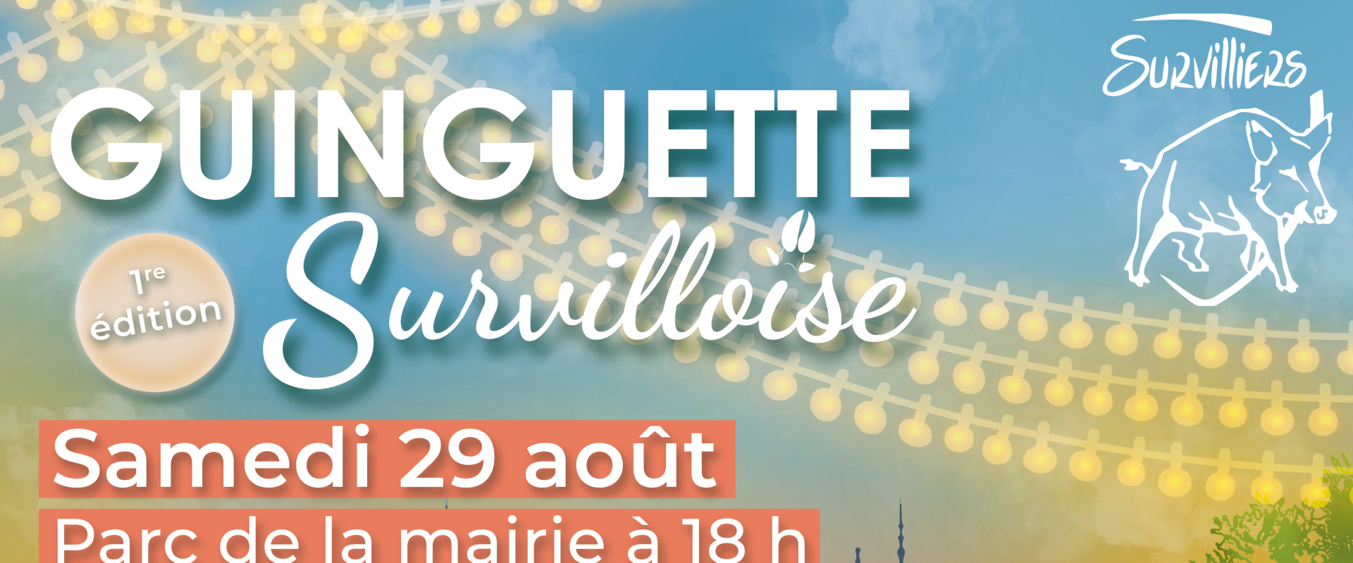 Affiche de la mairie de Survilliers décorée de guirlandes lumineuses dans une ambiance guinguette, avec des animations, un food truck et des visiteurs réunis pour une soirée festive.
