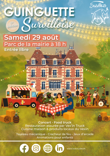 Affiche de la mairie de Survilliers décorée de guirlandes lumineuses dans une ambiance guinguette, avec des animations, un food truck et des visiteurs réunis pour une soirée festive.