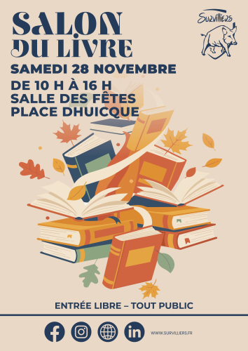 Affiche du Salon du Livre de Survilliers, organisé le samedi 28 novembre 2026 de 10 h à 16 h à la Salle des Fêtes. L’affiche invite les auteurs et autrices à participer et indique une entrée libre pour le public. Les inscriptions sont ouvertes jusqu’au 22 septembre 2026.